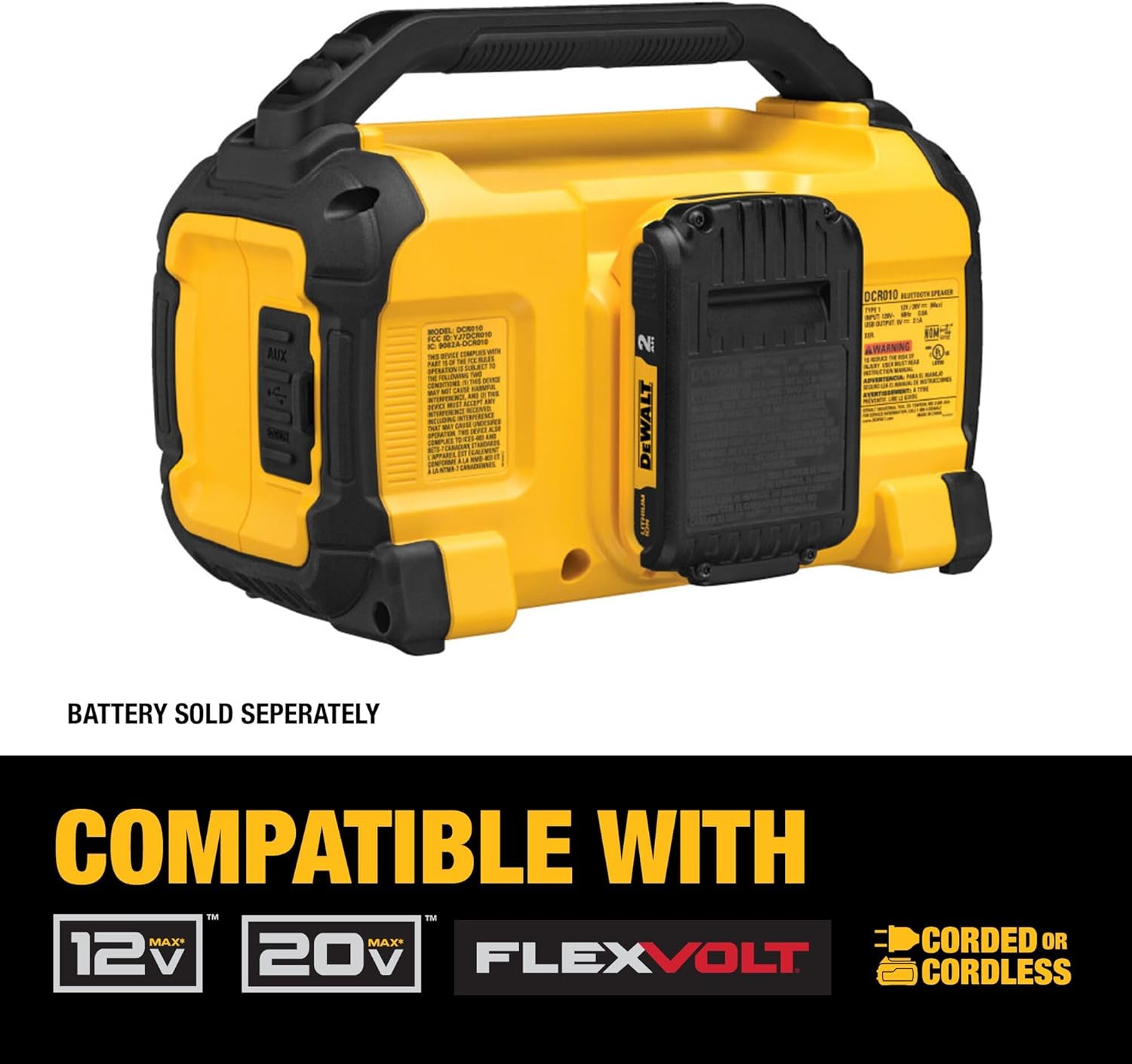 DEWALT 20V MAX Bluetooth Speaker, 100 ft Range, Durable for Jobsites, Phone Holder Included, Lasts 8-10 Hours with Single Charge (DCR010) - Image 6