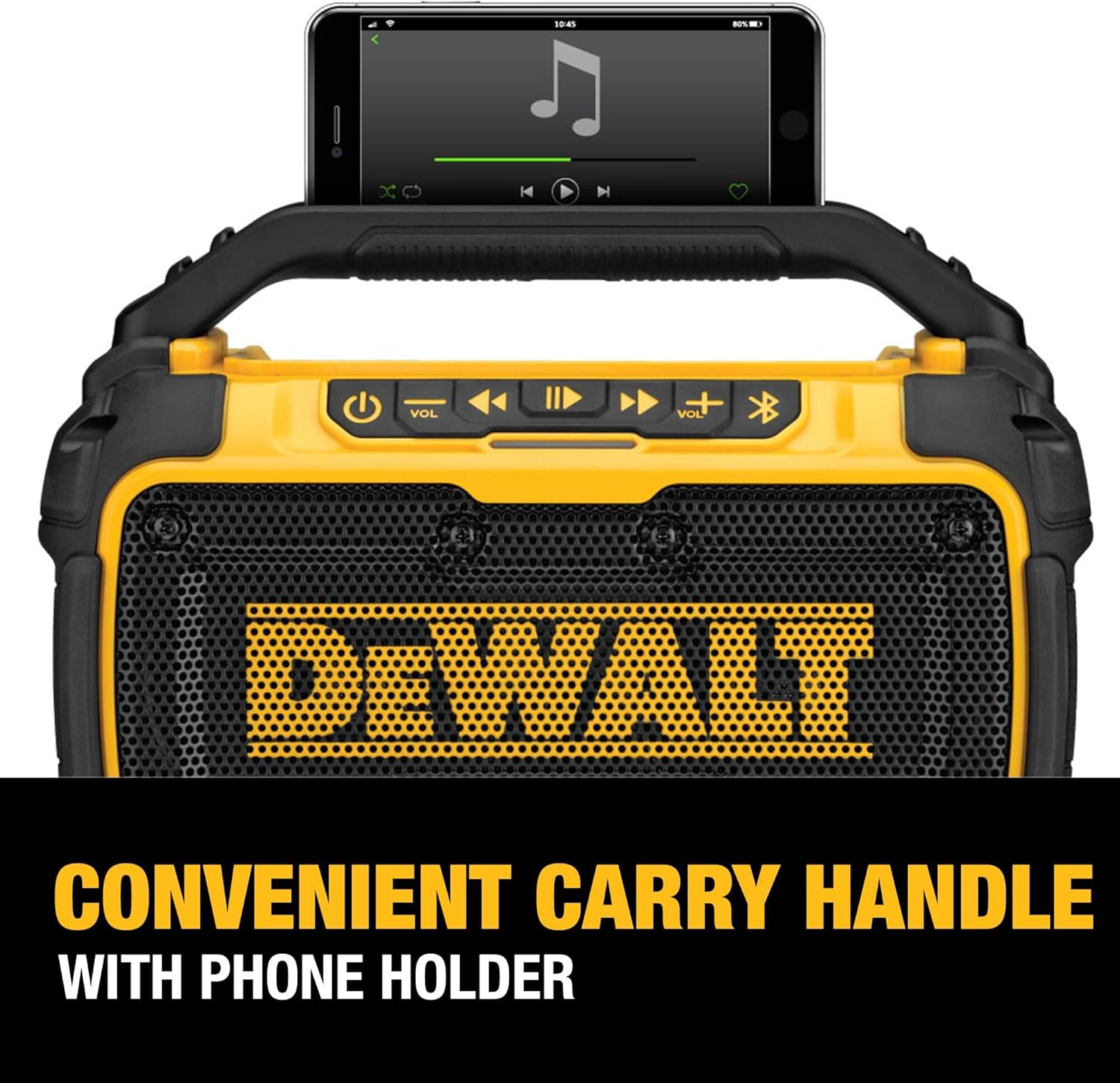 DEWALT 20V MAX Bluetooth Speaker, 100 ft Range, Durable for Jobsites, Phone Holder Included, Lasts 8-10 Hours with Single Charge (DCR010) - Image 7