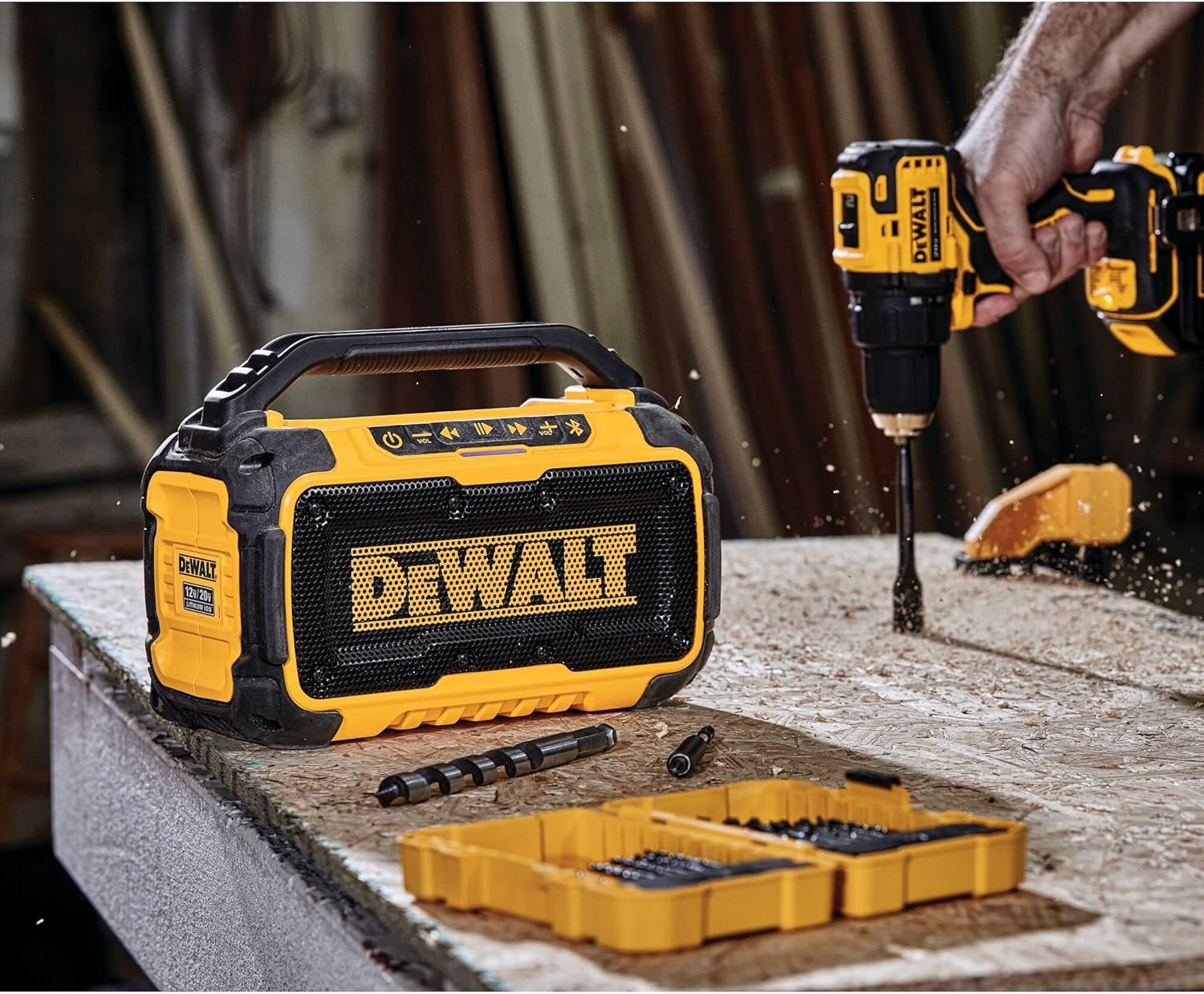 DEWALT 20V MAX Bluetooth Speaker, 100 ft Range, Durable for Jobsites, Phone Holder Included, Lasts 8-10 Hours with Single Charge (DCR010) - Image 10