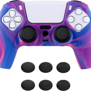 PlayVital Tri-Color Pink & Purple & Blue Camouflage Anti-Slip Silicone Cover Skin for ps5 Controller, Soft Rubber Case for PS5 Wireless Controller with Black Thumb Grip Caps