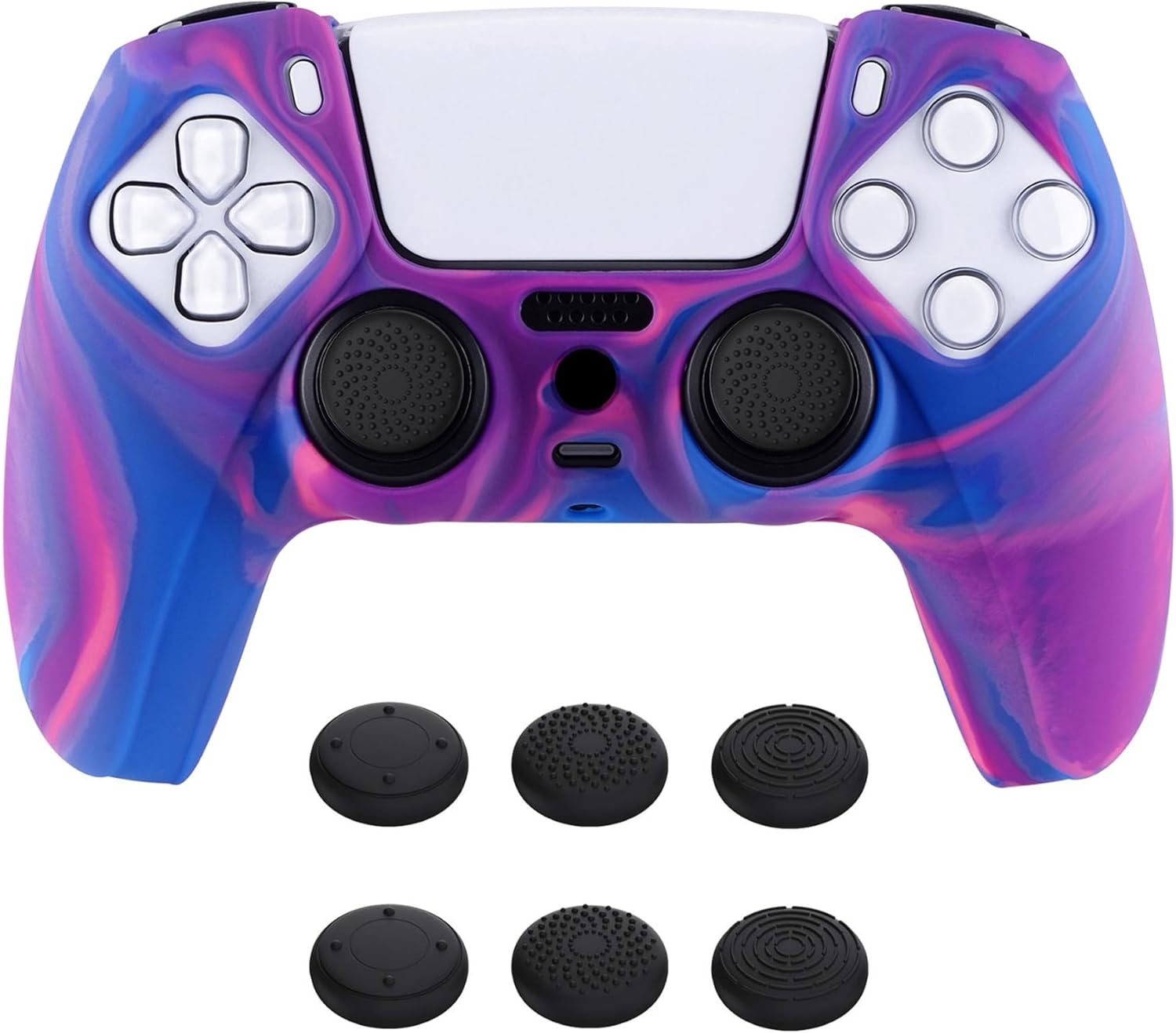 PlayVital Tri-Color Pink & Purple & Blue Camouflage Anti-Slip Silicone Cover Skin for ps5 Controller, Soft Rubber Case for PS5 Wireless Controller with Black Thumb Grip Caps