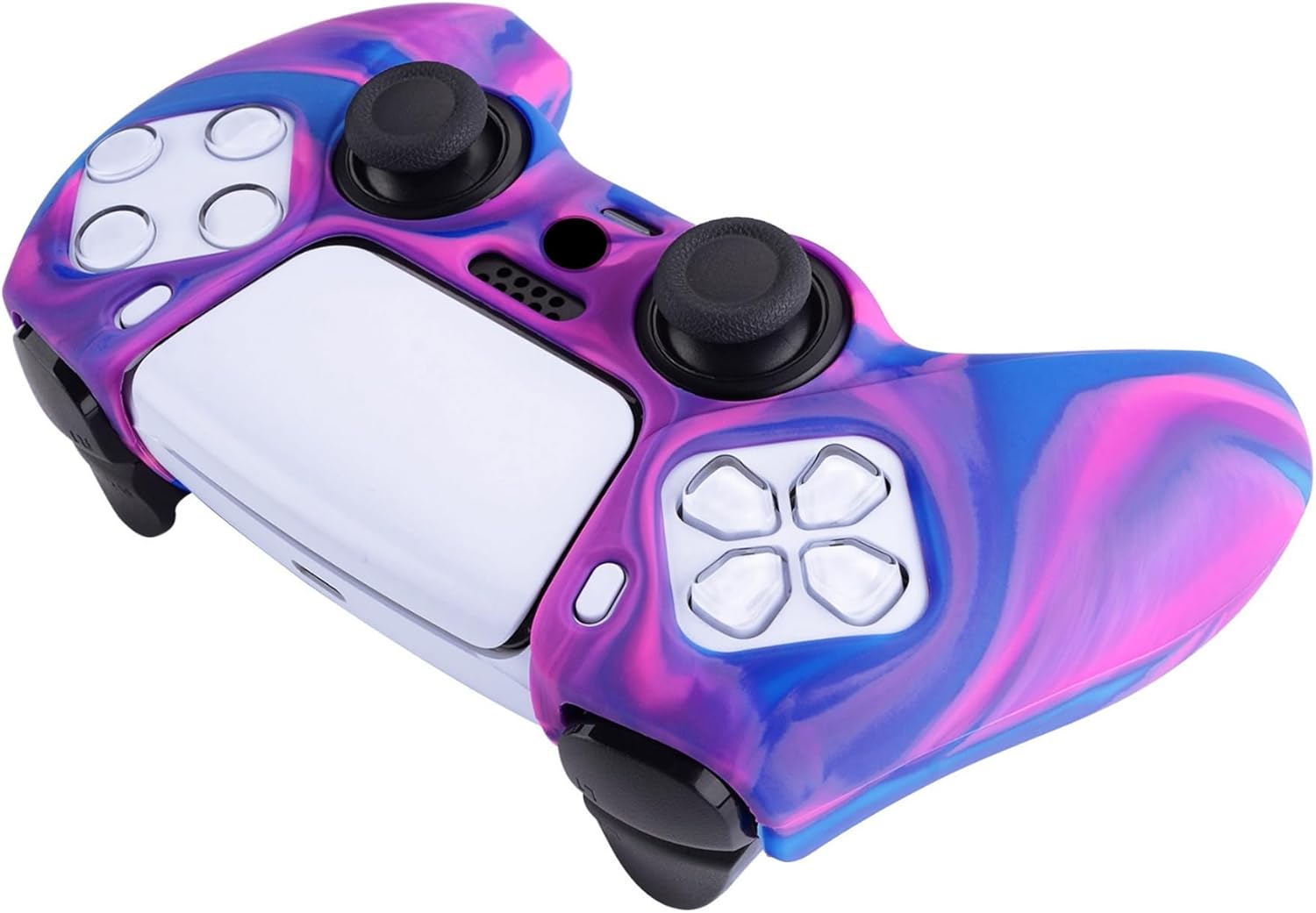 PlayVital Tri-Color Pink & Purple & Blue Camouflage Anti-Slip Silicone Cover Skin for ps5 Controller, Soft Rubber Case for PS5 Wireless Controller with Black Thumb Grip Caps - Image 6