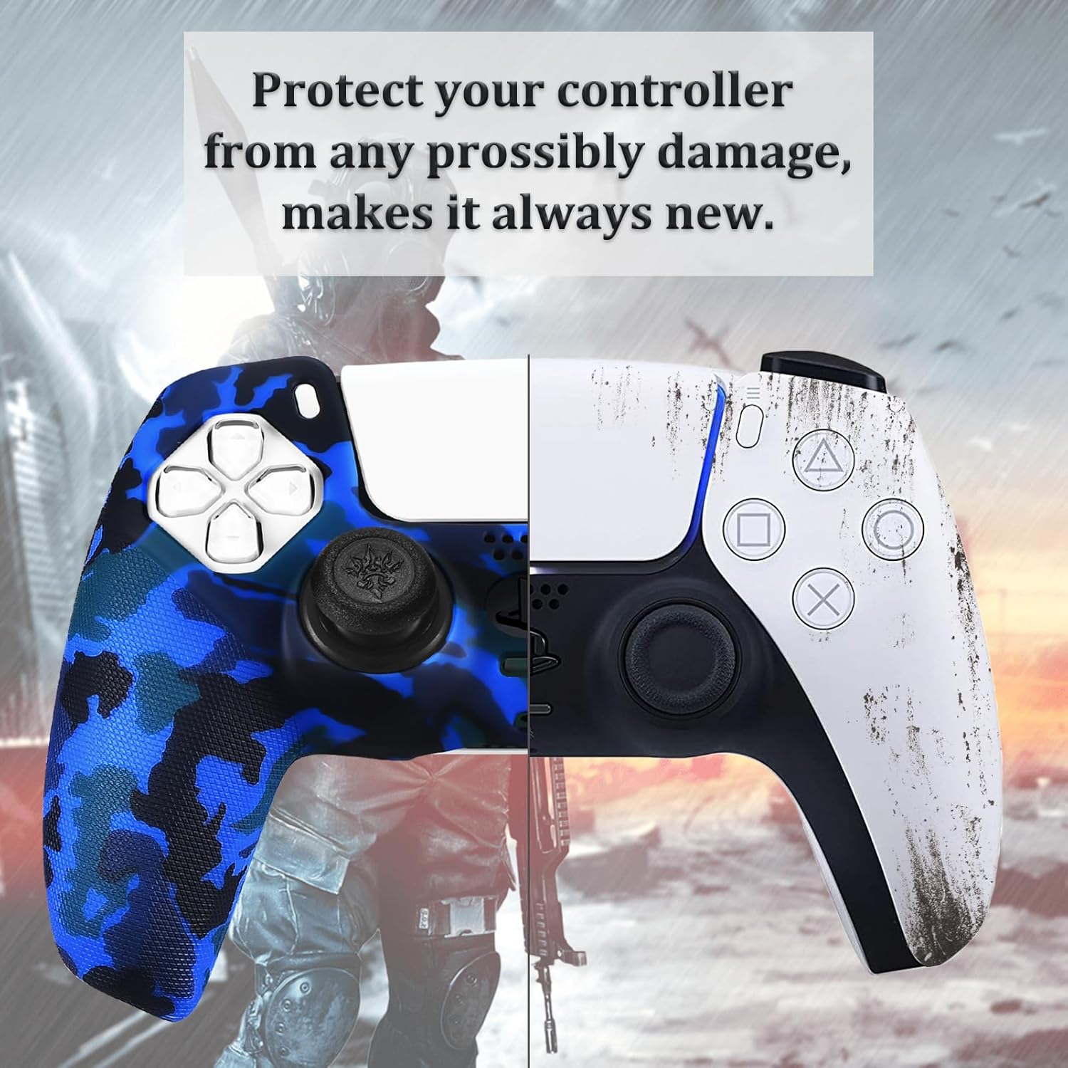 YoRHa Grip Texture Printing Silicone Cover Skin for PS5 Controller x 2(Camouflage Red+Blue) with Pro Thumb Grips x 8 - Image 4