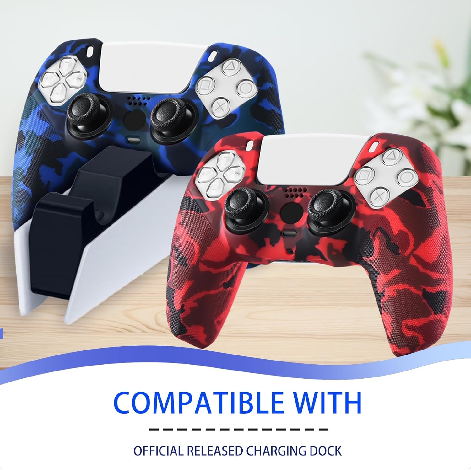 YoRHa Grip Texture Printing Silicone Cover Skin for PS5 Controller x 2(Camouflage Red+Blue) with Pro Thumb Grips x 8 - Image 5