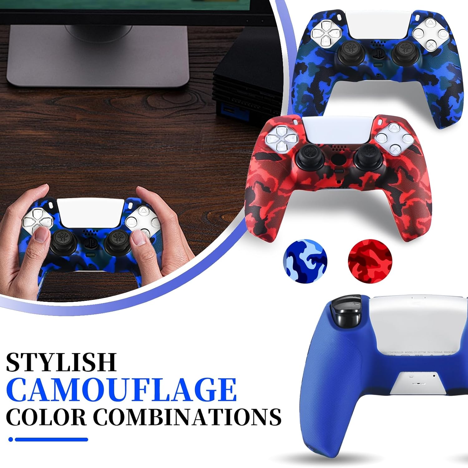 YoRHa Grip Texture Printing Silicone Cover Skin for PS5 Controller x 2(Camouflage Red+Blue) with Pro Thumb Grips x 8 - Image 6