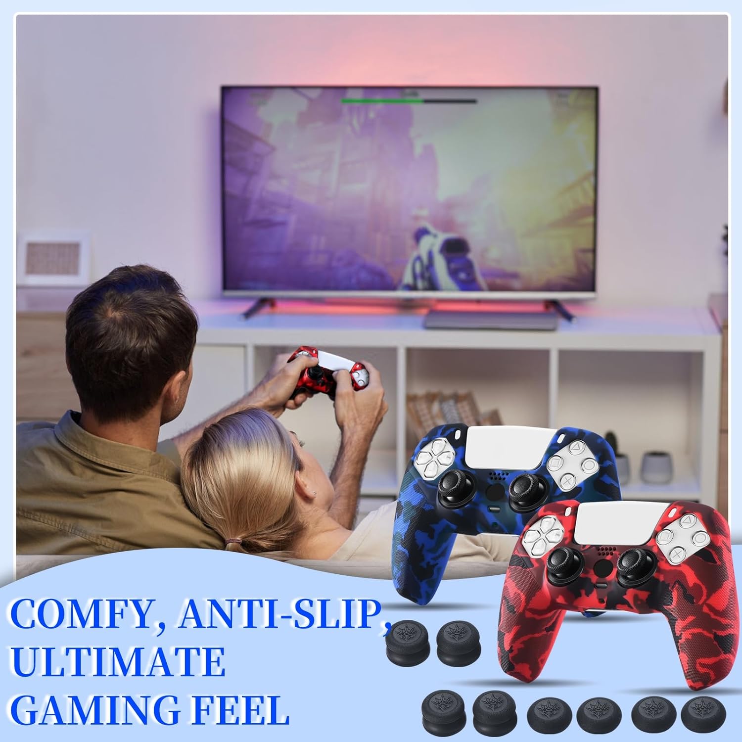 YoRHa Grip Texture Printing Silicone Cover Skin for PS5 Controller x 2(Camouflage Red+Blue) with Pro Thumb Grips x 8 - Image 8